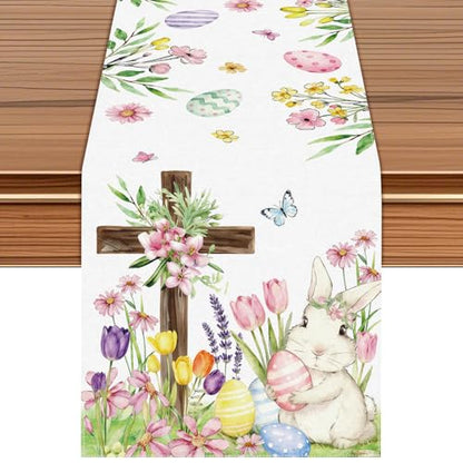 Easter Table Runner with Bunny Cross & Spring Floral Egg Design, 72x13 Inch