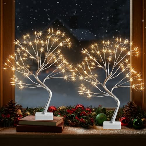 EAMBRITE Fairy Light Tree, 108 Led Light up Trees Decor Indoor, 8 Modes Fairy Light Spirit Tree for Christmas Decorations, USB& Battery Tabletop Bonsai Tree for Home Bedroom Decorations (2 PK, Sliver) - style: Fairy Tree x2