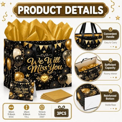 Farewell Gift Bag with Tissue Paper and Card, Black Gold Large Bag
