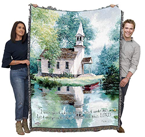 Pure Country Weavers Lakeside Scripture Blanket by Jack Sorenson - Let Us Go Into The House of the Lord - Psalm 122:1 - Religious Gift Tapestry Throw Woven from Cotton - Made in the USA (72x54) - color: Psalm 122:1, size: 72" x 54"