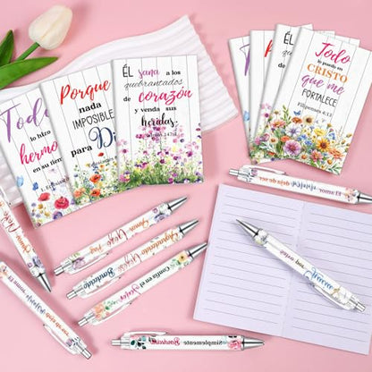Wxiben Spanish Bible Verse Gifts for Women 24 Pcs Inspirational Scripture Pens Notebook Christian Floral Ballpoint Pens Journals Religious Faith Gifts for Prayer Sunday School Church Christmas - style: Spanish Bible Verse