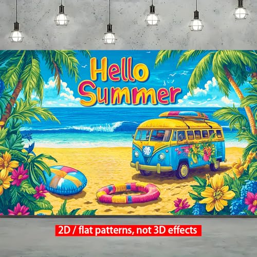 71x43 Inch Hello Summer Banner Beach Retro Camper Van Backdrop Tropical Ocean Yard Decorations Seasonal Outdoor Decor Fence Sign - color: ColorfulB589, size: 70.8 x 43.3 Inch