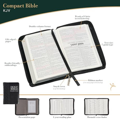 KJV Holy Bible, Compact Faux Leather Red Letter Edition - Ribbon Marker, King James Version, Black Faux Leather, Zipper Closure (KJV Compact Editions)