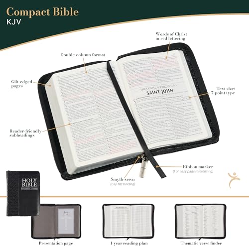 KJV Holy Bible, Compact Faux Leather Red Letter Edition - Ribbon Marker, King James Version, Black Faux Leather, Zipper Closure (KJV Compact Editions)
