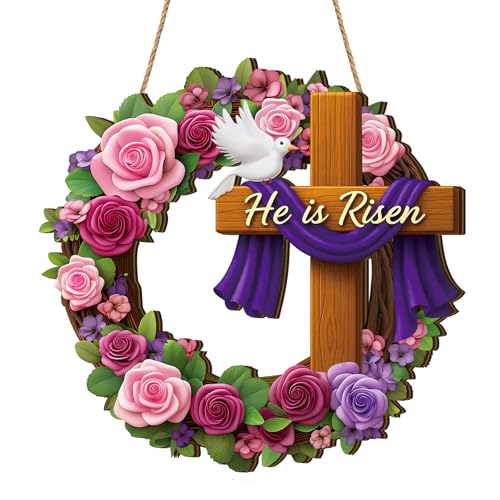 Christian Easter Decorations, He is Risen Easter Wooden Wreath for Front Door Decor, Religious Cross Flowers Hanging Sign for Wall Window Porch, Spring Season Home Decorations