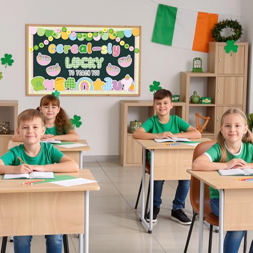St. Patrick's Day Cereal-Sly Bulletin Board Lucky Shamrock Bulletin Board Decorations Rainbow Gold Coin Paper Cutouts for St. Patrick Party Supplies Home Classroom Chalkboard Wall Door Window Decor - style: St. Patrick's Day