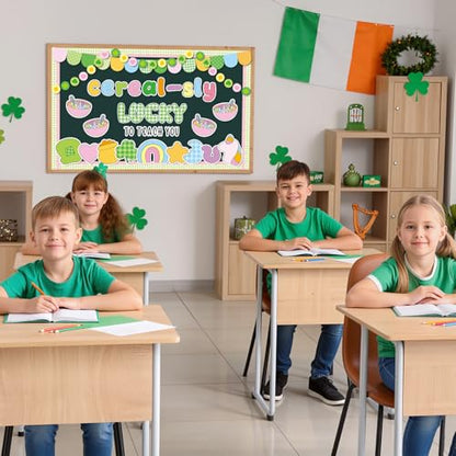St. Patrick's Day Cereal-Sly Bulletin Board Lucky Shamrock Bulletin Board Decorations Rainbow Gold Coin Paper Cutouts for St. Patrick Party Supplies Home Classroom Chalkboard Wall Door Window Decor - style: St. Patrick's Day