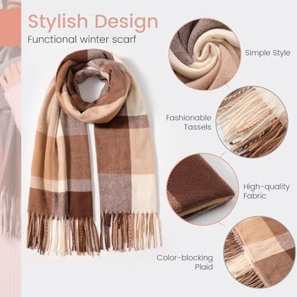 Clothirily Womens Winter Scarf, Oversized Long Blanket Plaid Shawl Wrap - color: Brown White Lattice