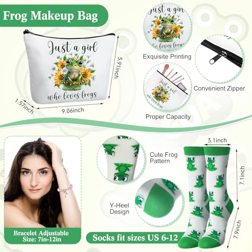 Pickmesh 7 Pack Frog Lover Gifts, Cute Frogs Gift Set for Women, Canvas Tote Bag, Makeup Bag, 16 oz Glass Cup, Socks, Greeting Card, Natural Stone Bracelet with Box - style: Frog