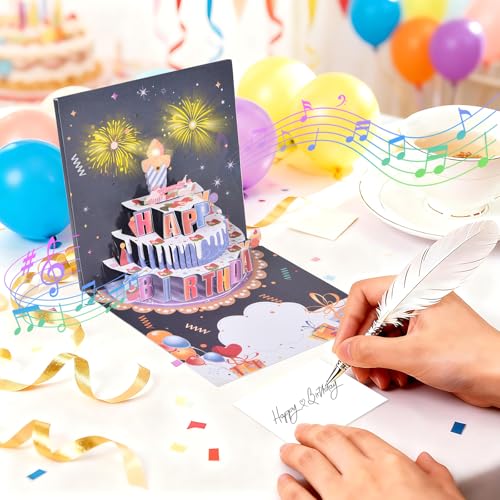 3D pop-up music birthday card - LED Light Cake Greeting Card - color: Cake - Fireworks
