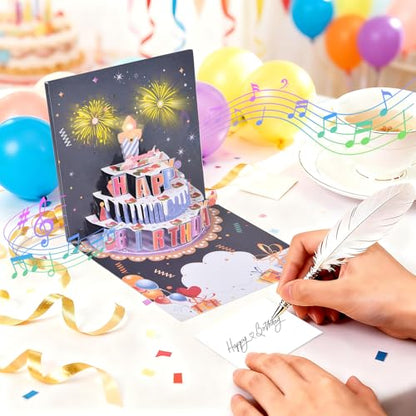 3D pop-up music birthday card - LED Light Cake Greeting Card - color: Cake - Fireworks