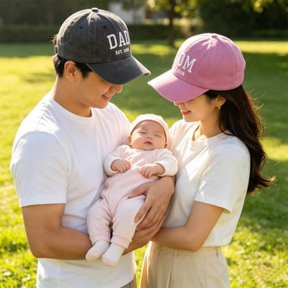 2PCS Dad and Mom EST 2026 Hats for Men Women, New Parents Gifts Cap - color: Pink Black
