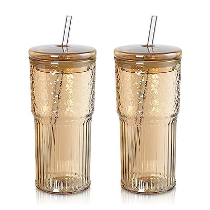 Joeyan 22 oz Amber Glass Tumbler with Straw and Lid,Ribbed Glasses Cups - color: Amber colored glass tumbler