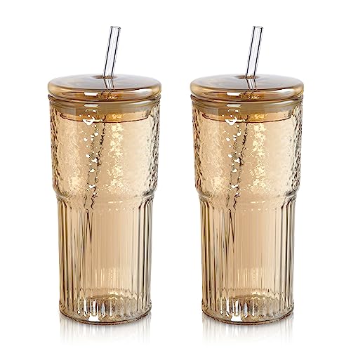Joeyan 22 oz Amber Glass Tumbler with Straw and Lid,Ribbed Glasses Cups - color: Amber colored glass tumbler