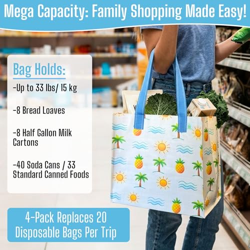 VENO 4 Pack Large Grocery Bag Reusable Shopping Bags with Hard Bottom - color: Tropical Island