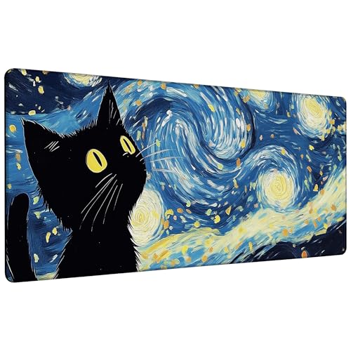 Blue Starry Night Black Cat Mouse Pad,35.4 x 15.7 Inch Large Mouse Mat Non-Slip Rubber Stitched Edges for Writing Desk,Office,Home,Laptop - color: Blue Starry Night Black Cat, size: 35.4L x 15.7W inches