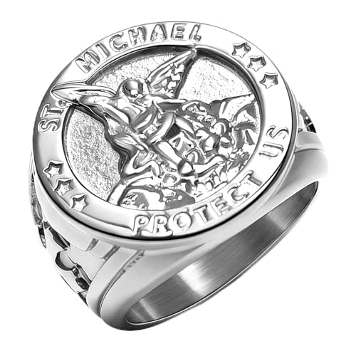 Saints Michael Ring for Men, 18K Gold Plated/Black Metal, St. Michael San Miguel The Great Protector Archangel Defeating Satan Figurine Stainless Steel Amulet Rings, Size 7-14, Send Gift Box - color: D-Silver