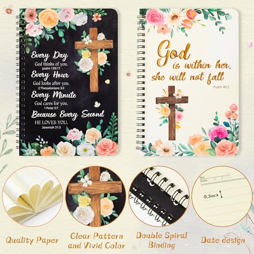 Xqumoi 2Pack A5 Floral Cross Religious Spiral Notebooks, She Will Not Fall Bible Verse Ruled Journal Writing Hardcover Notebooks Christian Christmas Gift Sunday School Office Supplies - style: A-Floral Cross