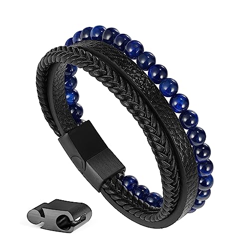 Beaded Leather Bracelets - Gifts for Men, 6mm Tiger Eye Lava Rock Stone Beads Braided Leather Bracelet Handmade Mens Bracelet With Adjustable Magnetic Clasp - color: Black-3