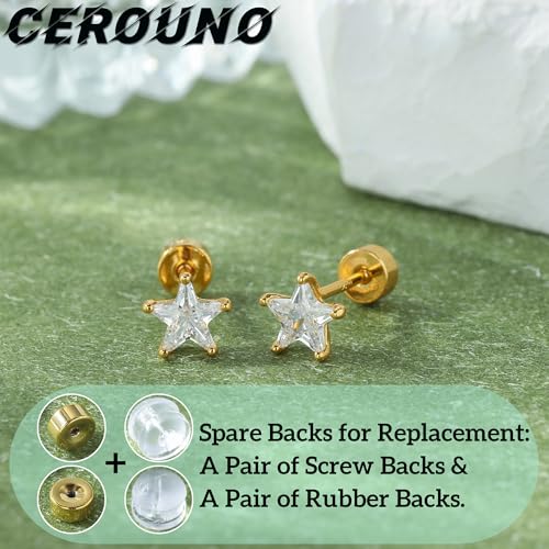 CEROUNO Flat Back Stud Earrings - 925 Sterling Silver Post Flatback Earrings Gold Silver Cubic Zirconia Earrings Studs for Women - color: Gold Star