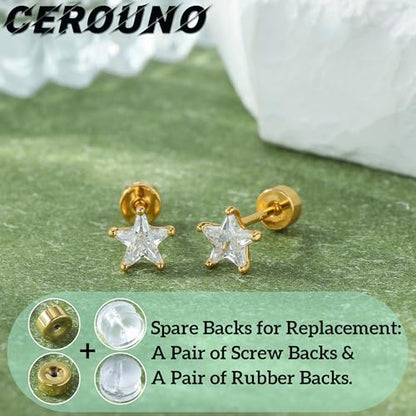 CEROUNO Flat Back Stud Earrings - 925 Sterling Silver Post Flatback Earrings Gold Silver Cubic Zirconia Earrings Studs for Women - color: Gold Star