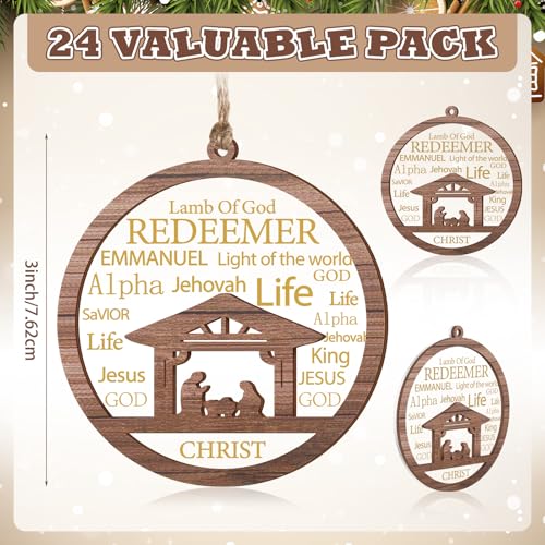 CroBlissful 24 Pack Christmas Nativity Scene Ornaments Bulk Wooden Christian Religious Catholic Gifts Nativity Story Jesus Mary Joseph Set Acrylic 3D Christmas Tree Decor Xmas Gifts (3 Inch) - size: 3 Inch