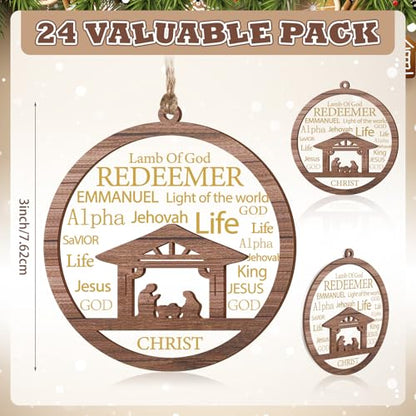 CroBlissful 24 Pack Christmas Nativity Scene Ornaments Bulk Wooden Christian Religious Catholic Gifts Nativity Story Jesus Mary Joseph Set Acrylic 3D Christmas Tree Decor Xmas Gifts (3 Inch) - size: 3 Inch