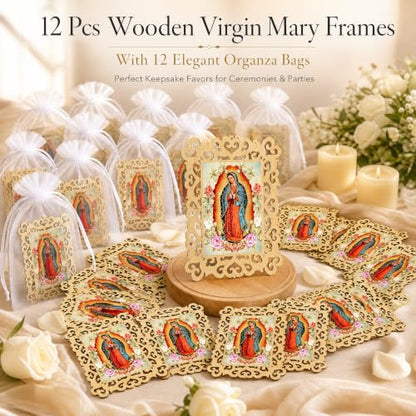 12 Pc Our Lady of Guadalupe Wooden Frames with Organza Bags, Baptism Favors