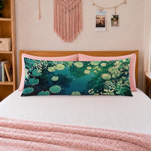 Emerald Green Water Lily 20x54 Body Pillow Cover, Summer Lotus Pond Nature Landscape Decorative Long Body Pillow Cases for Bed Couch - color: Nature-13