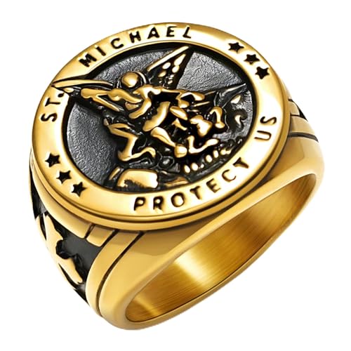 Saints Michael Ring for Men, 18K Gold Plated/Black Metal, St. Michael San Miguel The Great Protector Archangel Defeating Satan Figurine Stainless Steel Amulet Rings, Size 7-14, Send Gift Box - color: C-Gold Plated