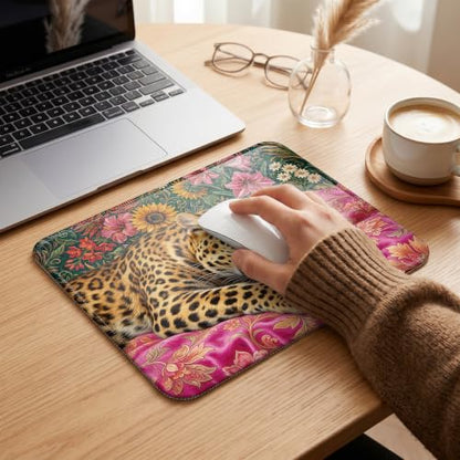 Sleeping Leopard Floral Mouse Pad Maximalist Desk Pad 9.5x7.9 Inch - color: Sleeping Leopard
