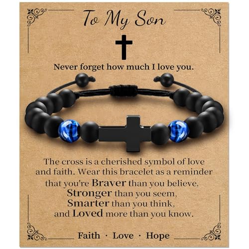 Boys Cross Bracelet, Adjustable Tiger Eye Bead Bracelet - color: B-To My Son