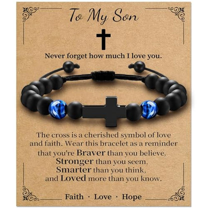 Boys Cross Bracelet, Adjustable Tiger Eye Bead Bracelet - color: B-To My Son