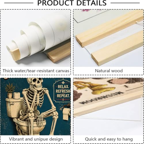 BAEMEFLE Vintage Skeleton Toilet Canvas Wall Art, Funny Bathroom Retro Poster Decor for Restroom Washroom Wall Decoration (BATHROOM-A, 16" L x 12" W) - color: BATHROOM-A, size: 16"L x 12"W