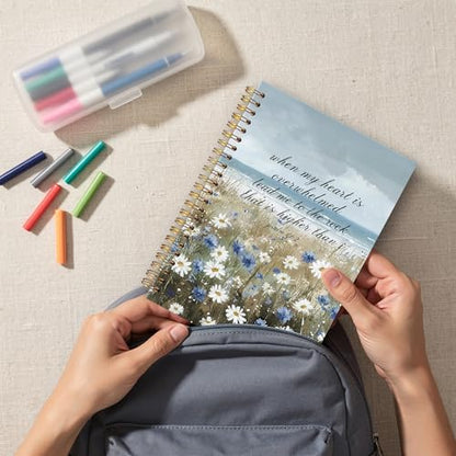 Beach Wildflowers Hardcover Spiral Notebook - Christian Religious Psalm 61:2 Bible Verse Journals for Teens Women Men, Coastal Ocean Blue Daisy Prayer Church Notes Journaling Gifts for Writing - color: Ccolor001