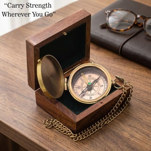 Compass – Brass Directional Vintage Compass Engraved with “Be Strong and Courageous” Joshua 1:9 Bible Verse, Baptism 2026 Communion Christian Inspirational Gifts for Women/Men - style: Be Strong 3- Wood Box