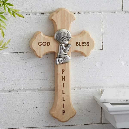 Personalization Universe Prayerful Boy Engraved Wood Cross, Baptism & First Communion Keepsake Wall Decor, Christian Wall Art, Home Decor Wall Cross - 8" x 4.5" Oak Wood & Zinc Alloy