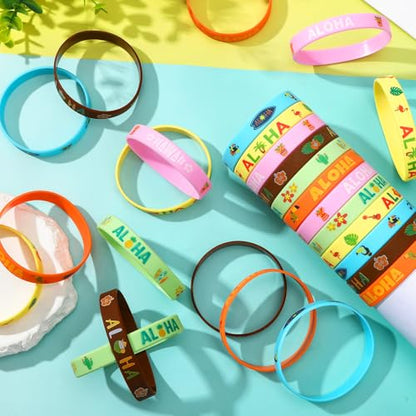 JUNEBRUSHS 42pcs Hawaiian Party Favors Silicone Wristbands Rubber Bracelets for Summer Beach Hawaii Luau Baby Shower Party Supplies Goodie Bag Stuffers Fillers - style: Hawaiian Style