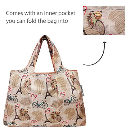 allydrew Large Foldable Tote Nylon Reusable Grocery Bags - color: Set of 2, Paris, size: Large & Small (Set of 2)