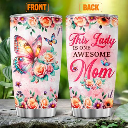 Lady Mom Butterfly, Mothers Funny Coffee Floral Day Flower Handle Tumblers Mama Cups Mother For Women Insulated, Tumbler 20 Oz With Lid And Straw, Mom Gifts - color: Mom