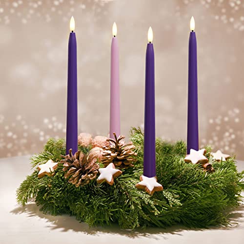 Stmarry Flameless Advent Candles, Set of 4 - Flickering LED Flame, 11 Inch Taper Candlesticks, Remote Controlled, Purple and Pink for Christmas Wreath - color: Purple and Pink