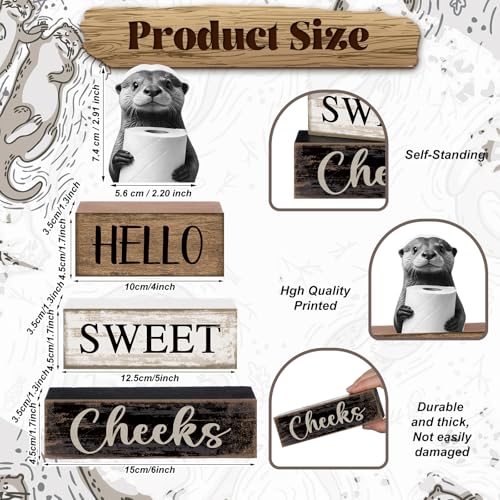 Moucuny 4 Pcs Otter Bathroom Decor Wooden Block Signs Hello Sweet Cheeks - style: Bathroom Otter