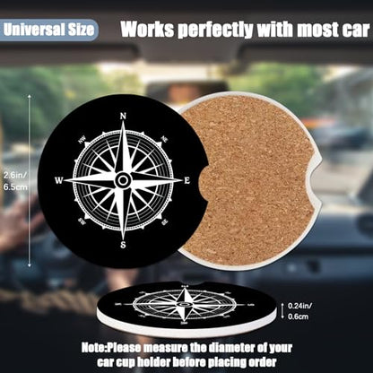 Cup Holders Car Coasters - Compass Absorbent Ceramic Coaster, Drink Cup Holder Coasters, Auto Accessories for Women & Men, Pack of 2 - color: Compass