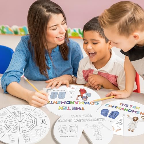 COcnny Ten Commandments Coloring Craft - 24 Sets Color Your Own Religious Art Wheel Kit for Kids, 10 Commandments DIY Craft Art Cards for Sunday School Christian Classroom Home Activities VBS Supplies - style: Ten Commandments