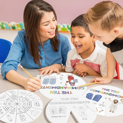 COcnny Ten Commandments Coloring Craft - 24 Sets Color Your Own Religious Art Wheel Kit for Kids, 10 Commandments DIY Craft Art Cards for Sunday School Christian Classroom Home Activities VBS Supplies - style: Ten Commandments