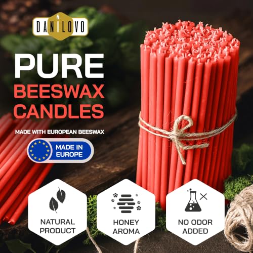 Danilovo Thin Taper Beeswax Candles - Honey-Scented, Decorative Candles Ideal for Birthday Decoration or Church Prayers - Red Drip Free, Tall & Smokeless Pack of 50 pcs, 7.3 x 0.24 inch - color: Red