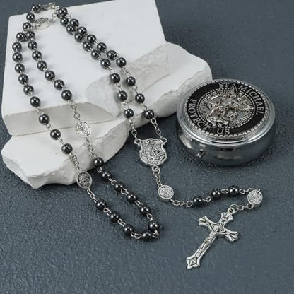 Saint Michael the Archangel Hematite Beads Catholic Rosary Necklace