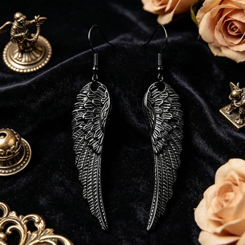 coadipress Angel Wing Earrings for Women Unique Silver Plated Fairy Feather Guardian Dangle Drop Hook Earrings Jewelry - color: Black Wing