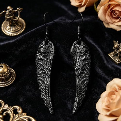 coadipress Angel Wing Earrings for Women Unique Silver Plated Fairy Feather Guardian Dangle Drop Hook Earrings Jewelry - color: Black Wing