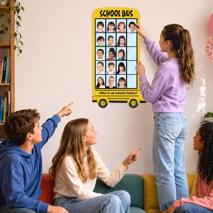 25×14In Yellow Bus Classroom Attendance Chart Who is at School Today DIY Photo Display Board Classroom Management Teacher Tools Back to School Bulletin Board Decor for Preschool Kindergarten Daycare